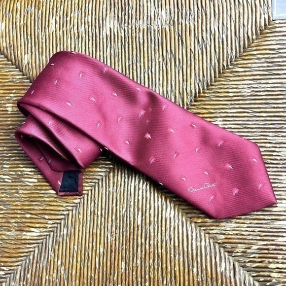 Oscar de la Renta Tie Mens Maroon Silk Embroidered Pattern Tie - Picture 1 of 6